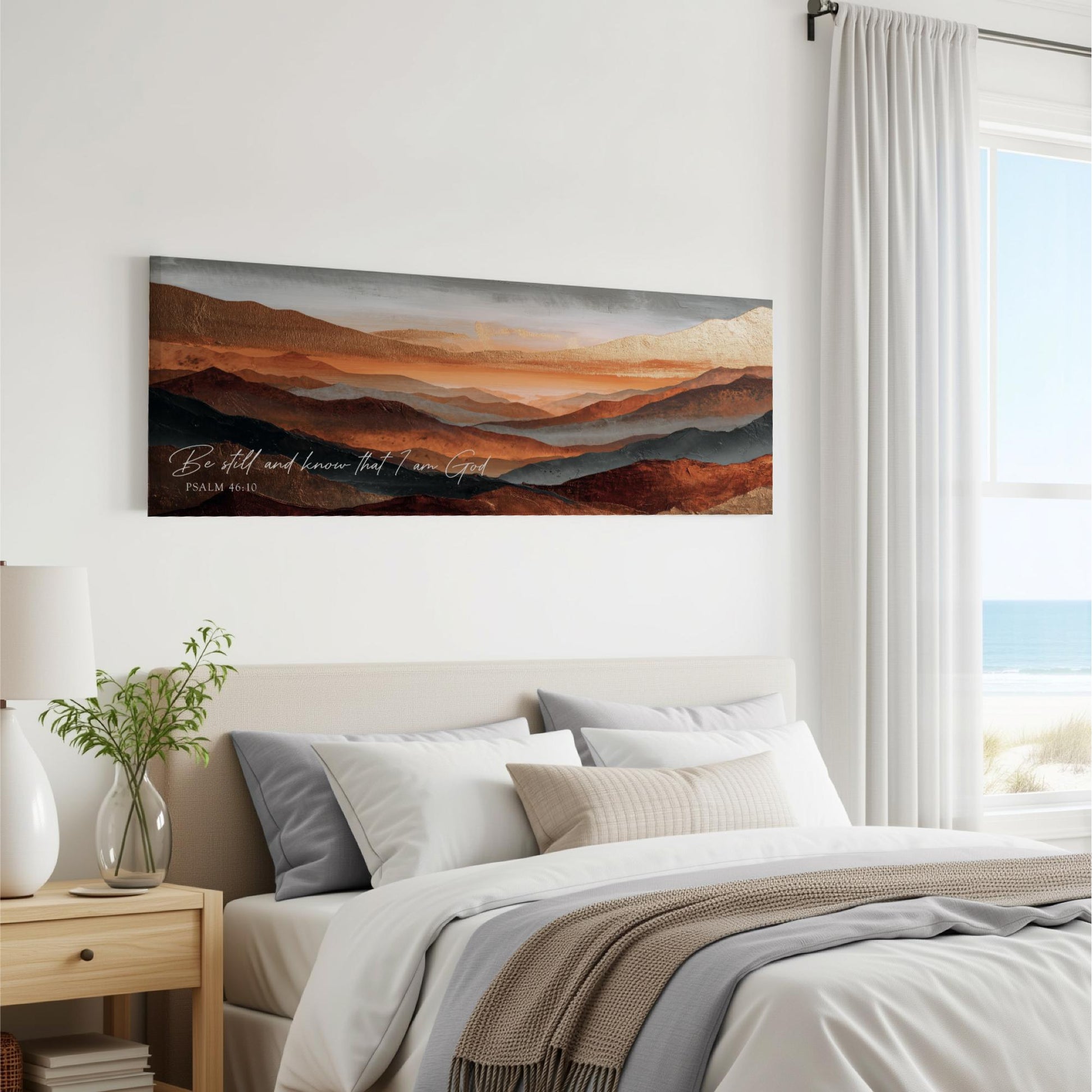 a serene bedroom scene with a large painting of a mountain landscape hanging on the wall above a bed with white bedding and pillows.
