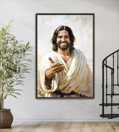 a framed painting of Jesus Christ with a smiling expression, hanging on a wall next to a potted plant.