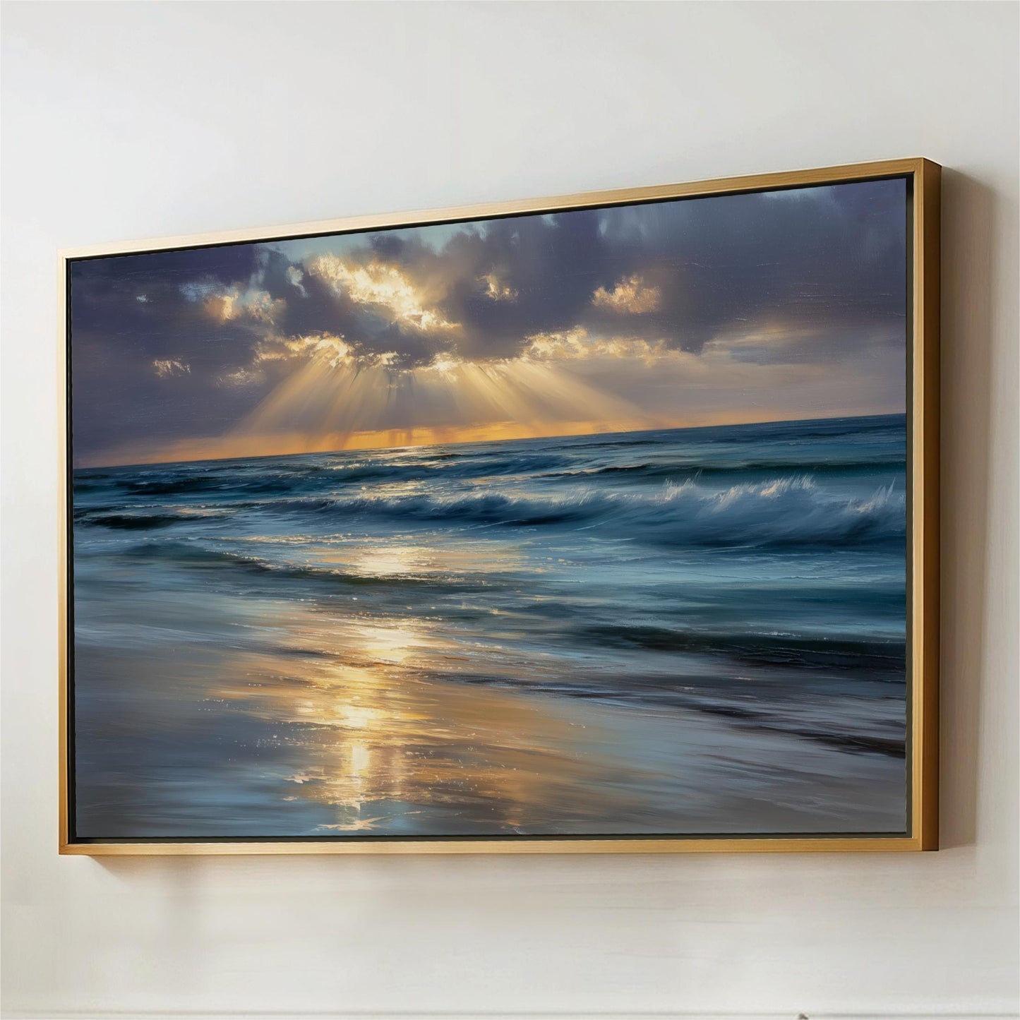 The image is a framed painting depicting a serene beach scene with waves gently lapping at the shore, and the sky above is filled with clouds and the sun shining through, creating a beautiful reflection on the water.
