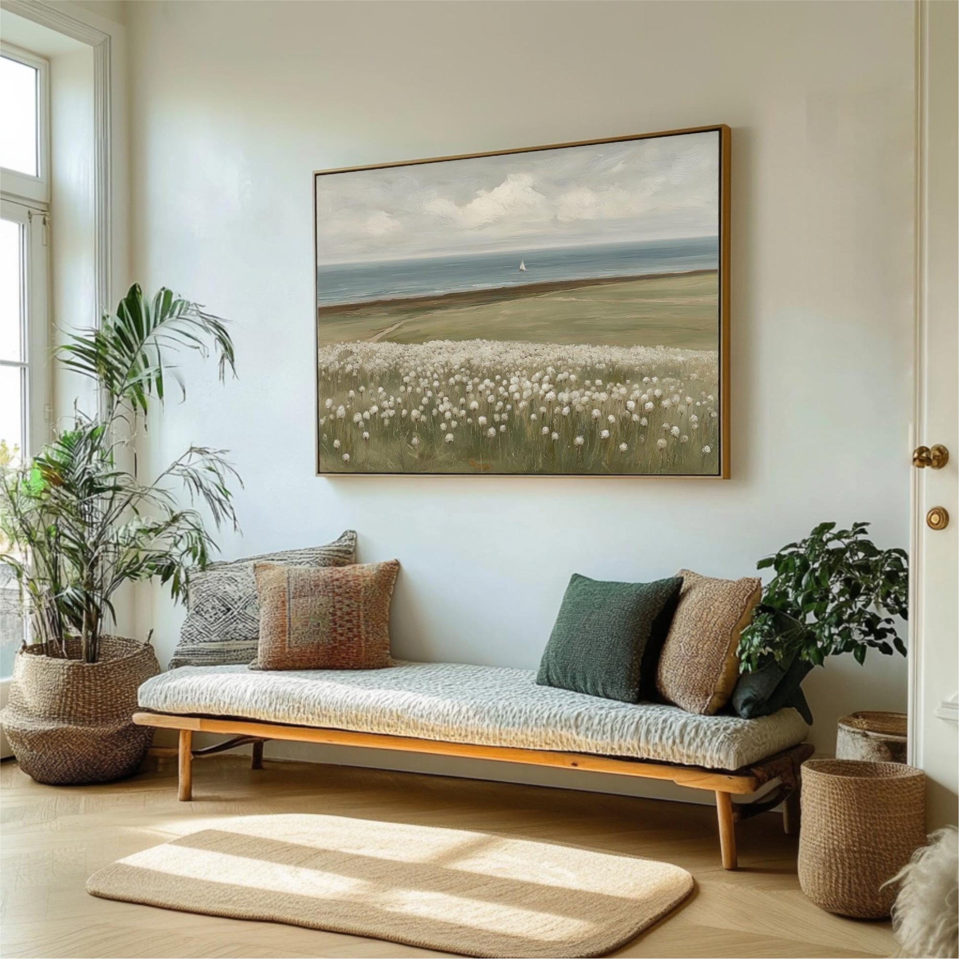 a living room with a large painting of a field of flowers hanging on the wall above a couch with pillows. The room is decorated with potted plants and a rug, creating a cozy and inviting atmosphere.