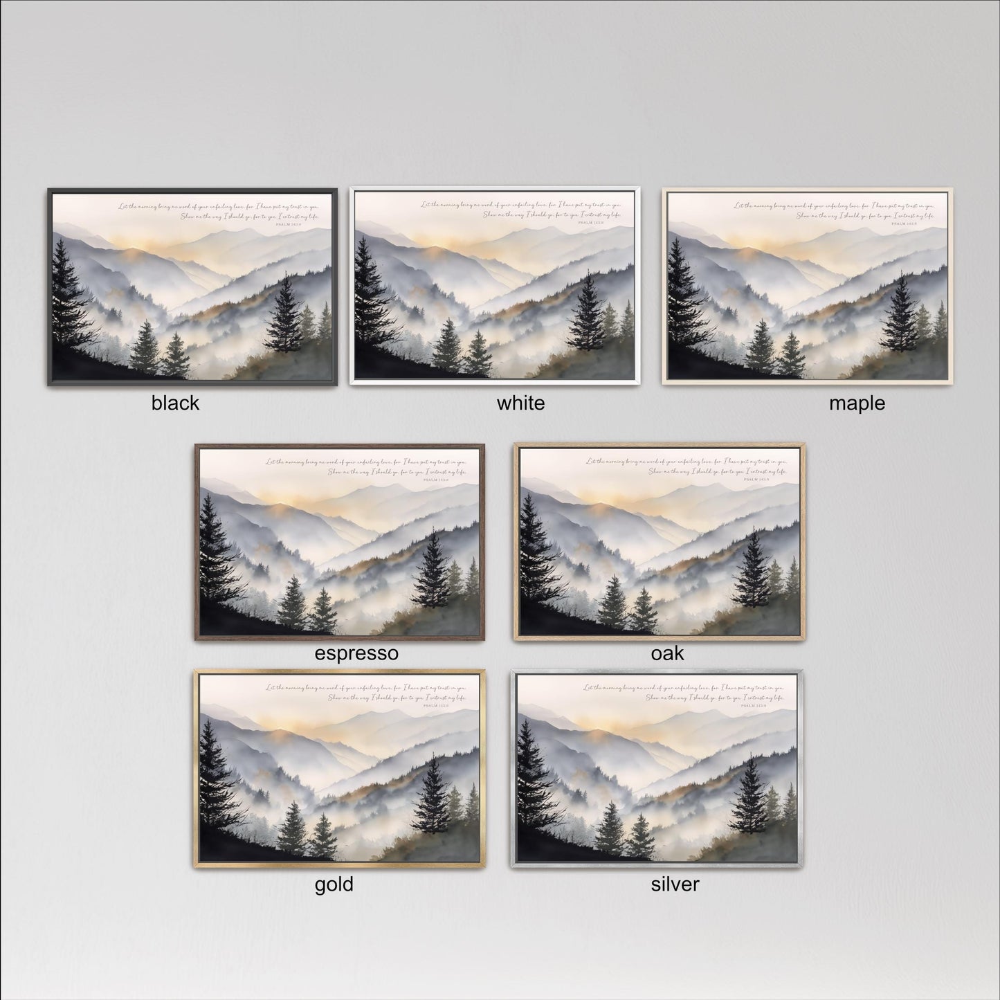 six framed landscape paintings depicting mountain scenes, each with a different color frame. The paintings are arranged in a grid format, with three paintings in each row and two paintings in each column.