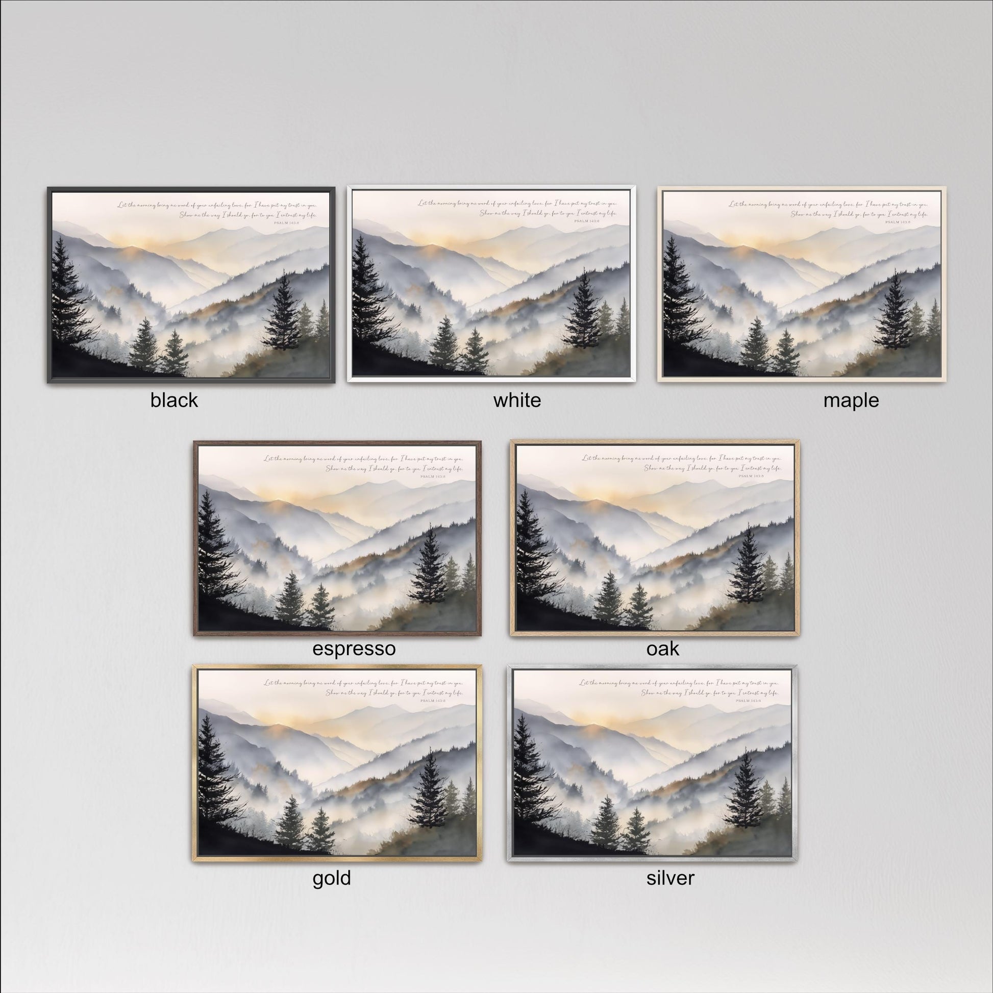 six framed landscape paintings depicting mountain scenes, each with a different color frame. The paintings are arranged in a grid format, with three paintings in each row and two paintings in each column.
