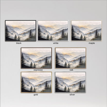 six framed landscape paintings depicting mountain scenes, each with a different color frame. The paintings are arranged in a grid format, with three paintings in each row and two paintings in each column.
