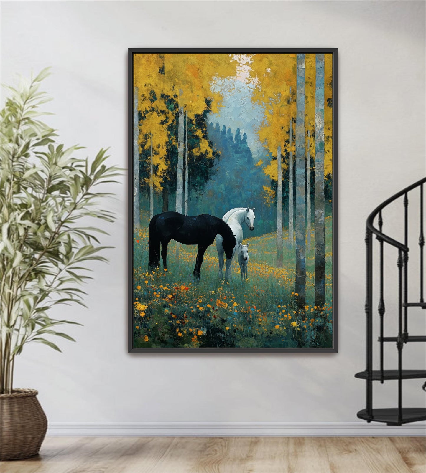 a painting of two horses in a field with yellow flowers, surrounded by trees and a staircase in the background.