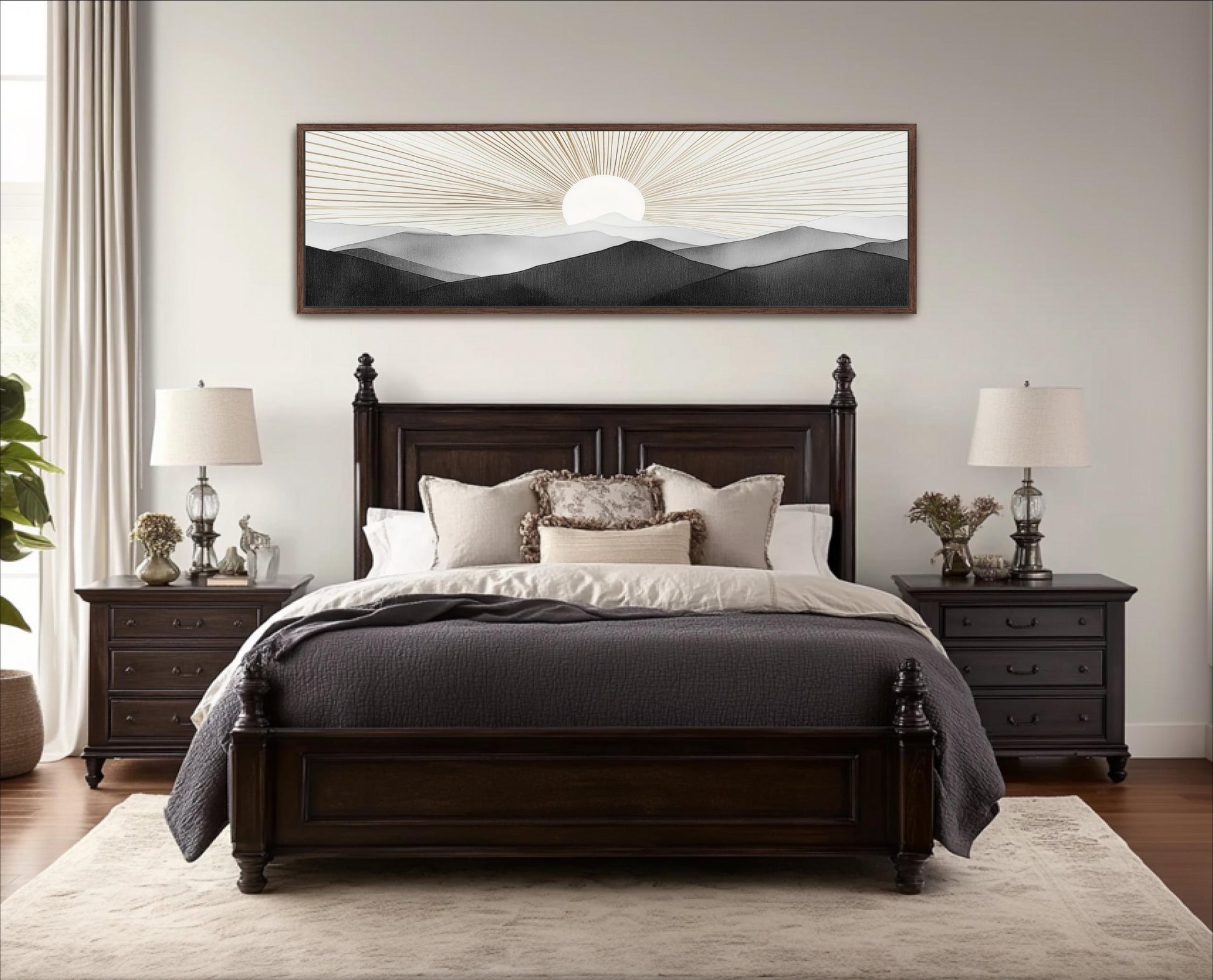 a serene bedroom scene with a large bed, dark wood furniture, and a framed landscape painting on the wall.