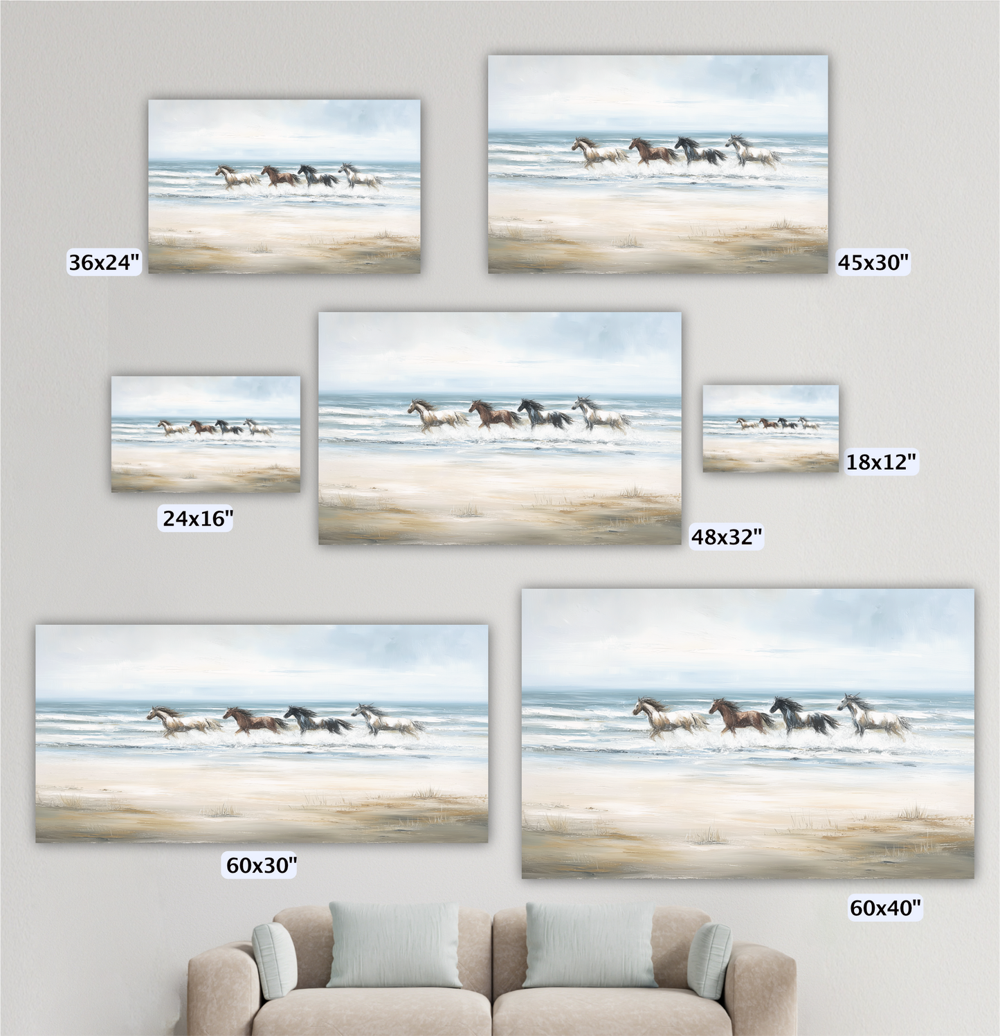 a collection of six different sizes of paintings or prints depicting a group of horses running on a beach.