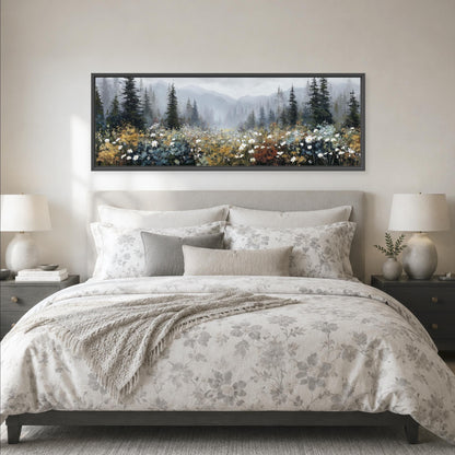 a large bedroom with a bed, nightstands, and a framed landscape painting hanging above the bed.