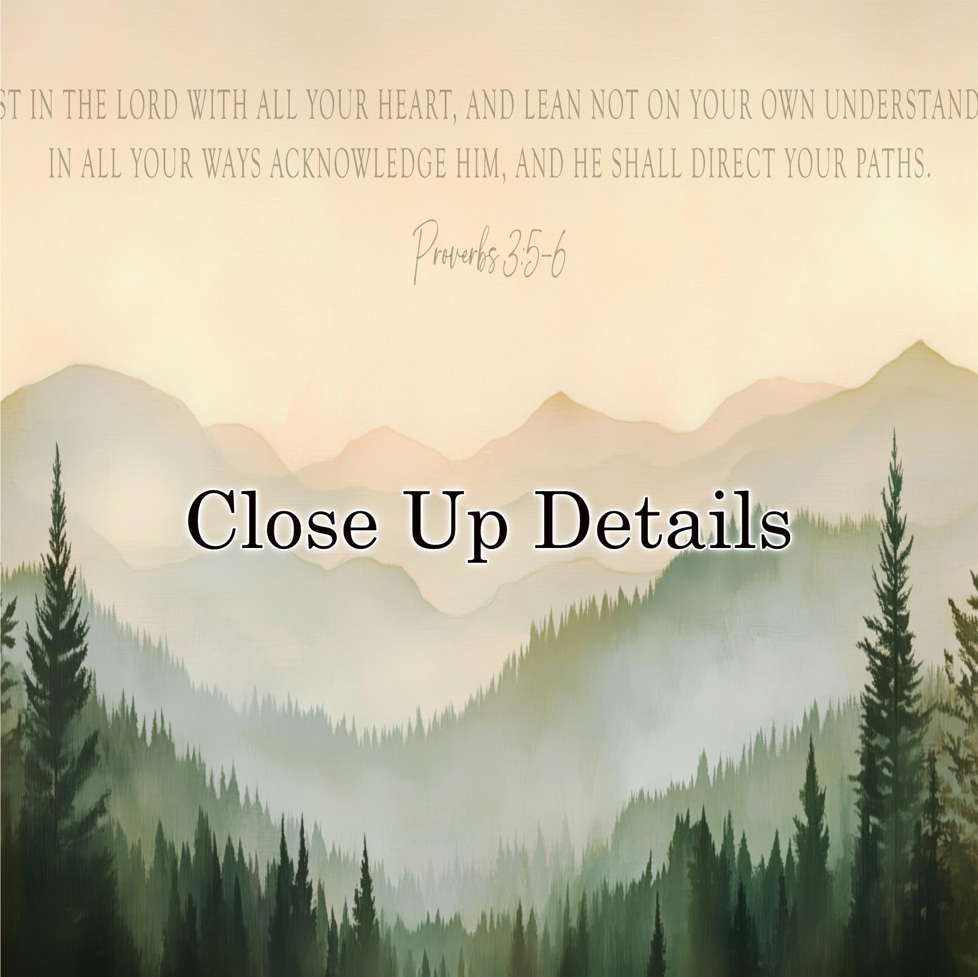 The image is a serene landscape featuring a forested mountain range with a hazy, misty atmosphere. The text overlay provides a biblical reference to Proverbs 35:6, which encourages the viewer to trust in the Lord with all their heart and lean on Him in all their ways.