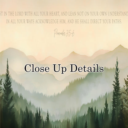 The image is a serene landscape featuring a forested mountain range with a hazy, misty atmosphere. The text overlay provides a biblical reference to Proverbs 35:6, which encourages the viewer to trust in the Lord with all their heart and lean on Him in all their ways.