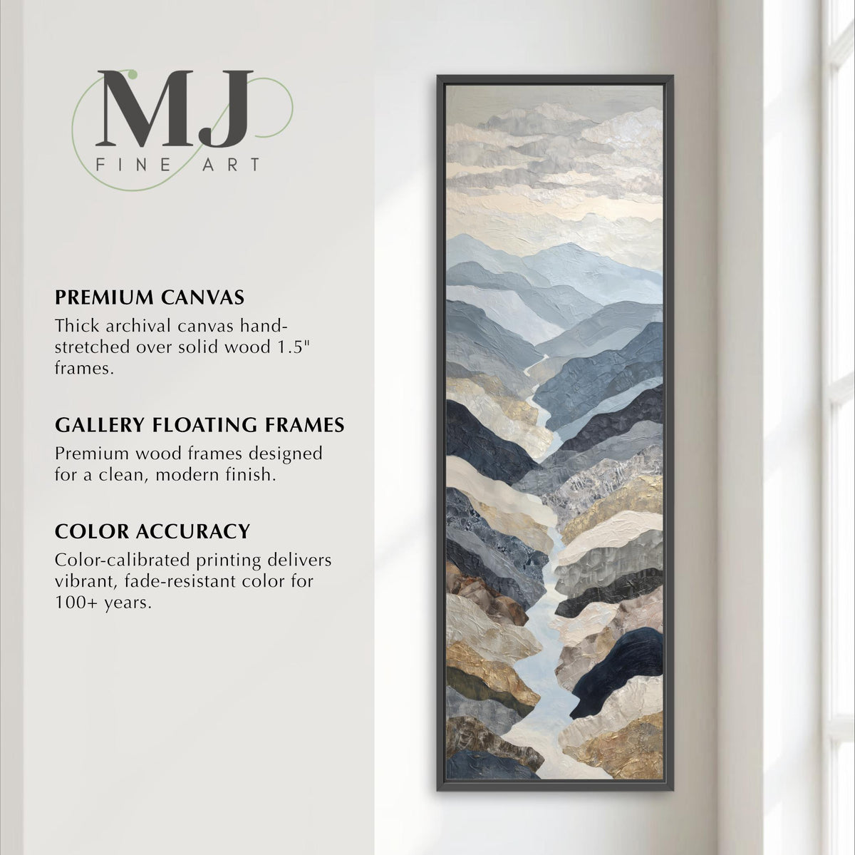 The image is an advertisement for a painting by MJ Fine Art, featuring a large, abstract landscape painting with mountains and a flowing river. The painting is described as a premium canvas hand-stretched over solid wood 1.5-5" frames, a gallery floating frame, and a color accuracy that delivers vibrant, fade-resistant color for 100 years.