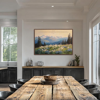 a large painting of a mountain landscape hanging on a wall above a wooden dining table with black chairs.