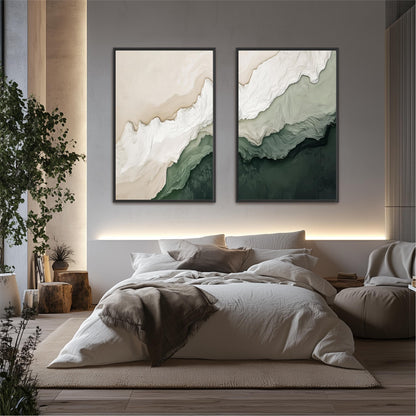 a serene and modern bedroom with a large bed, a wooden headboard, and two framed abstract paintings on the wall above it.
