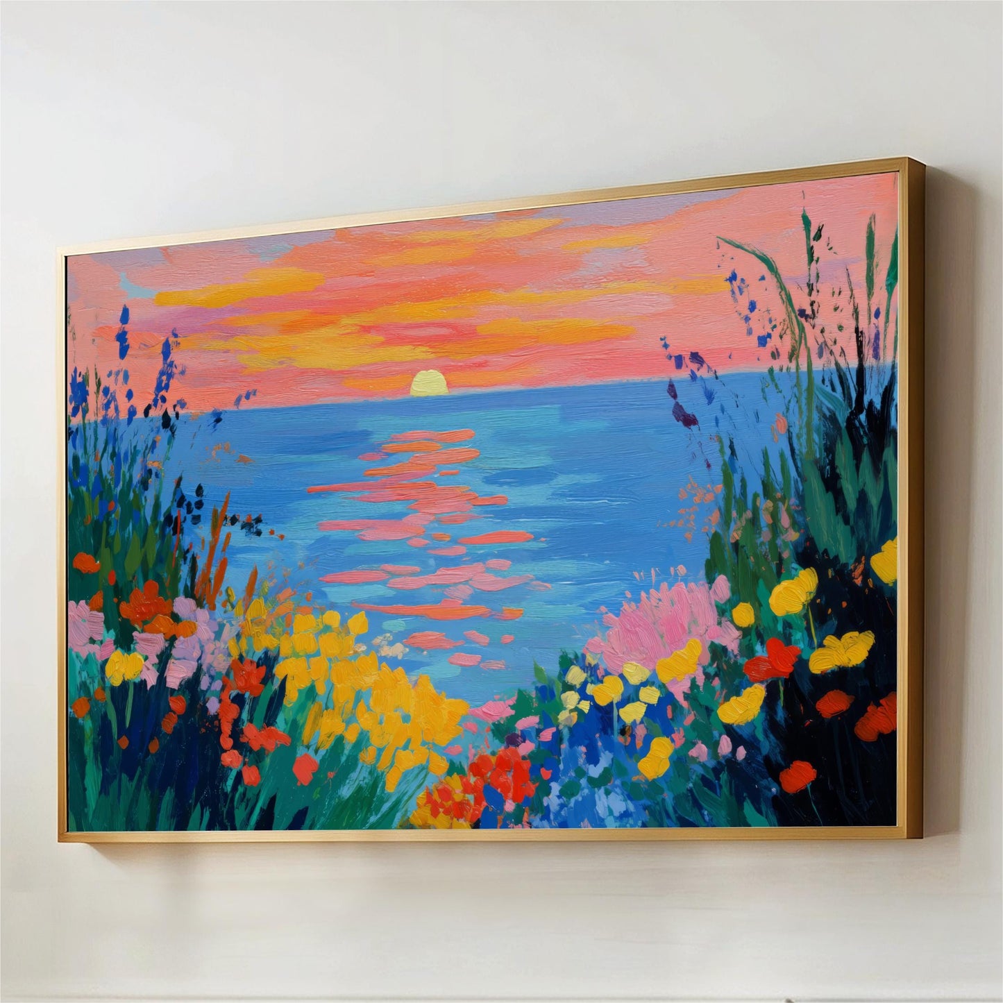 The image is a vibrant painting depicting a serene sunset over a body of water, surrounded by a colorful array of flowers and foliage.