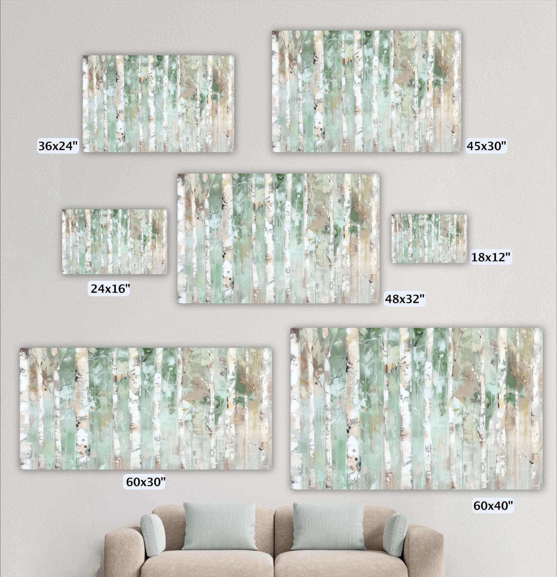 a collection of seven different-sized paintings of a forest scene, each with a unique size ranging from 36x24 to 60x60.