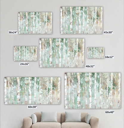a collection of seven different-sized paintings of a forest scene, each with a unique size ranging from 36x24 to 60x60.
