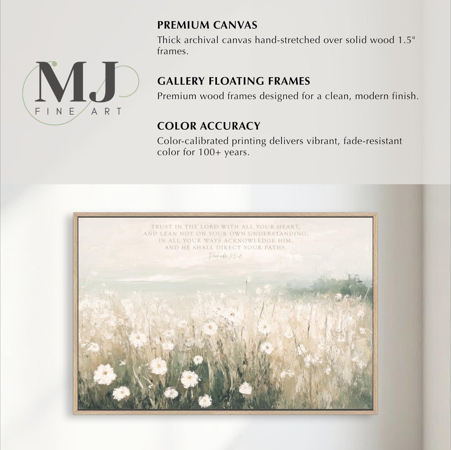 The image is a framed artwork depicting a field of white flowers against a light background.