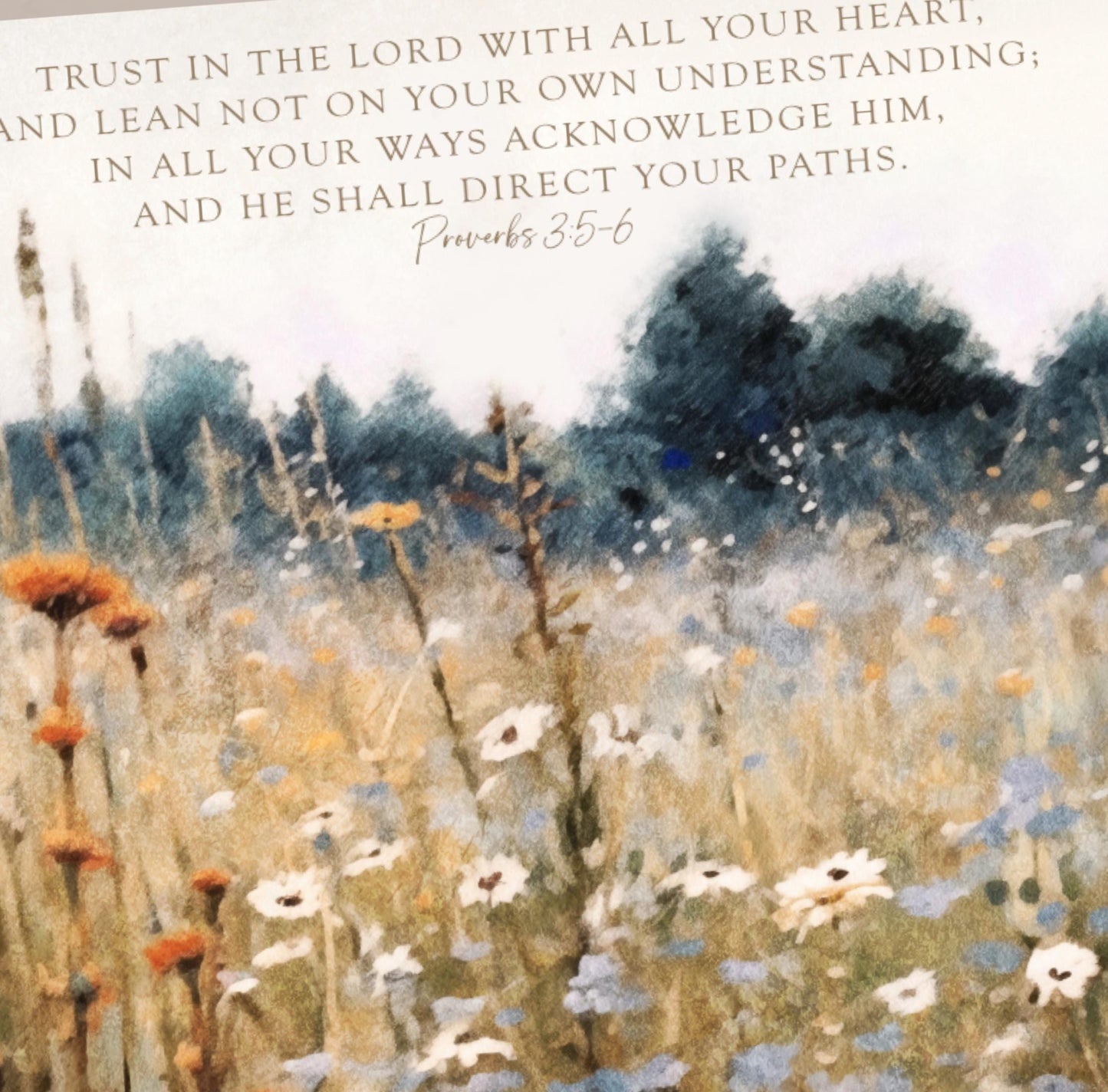 The image is a painting of a field with wildflowers, accompanied by a Bible verse from Proverbs 3:5-6.