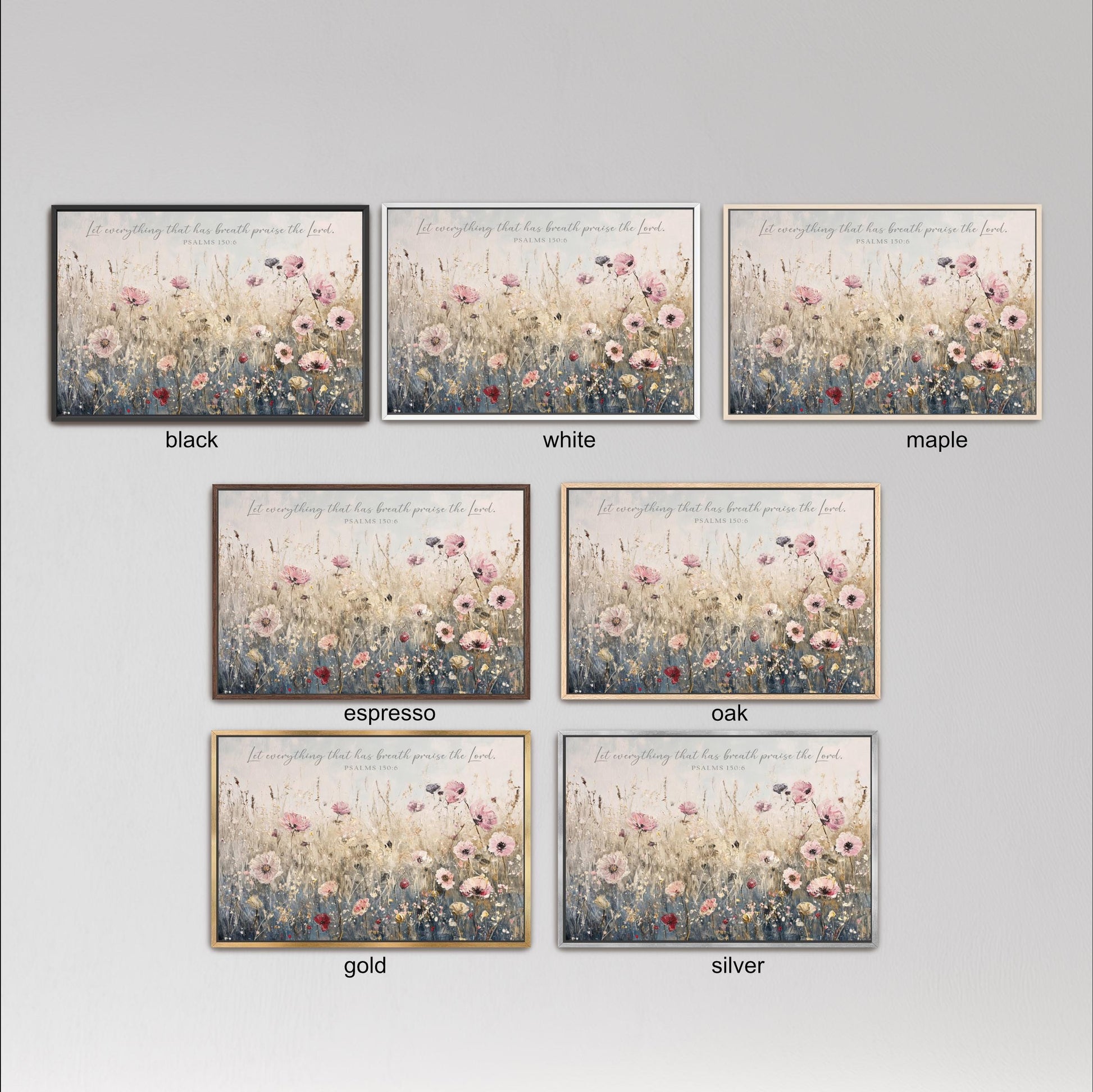 six framed artworks depicting various floral scenes, each with a different color frame. The artworks are arranged in a grid format, with three images in each row and two in each column. The artworks are labeled with the color of the frame, such as black, white, maple, espresso, oak, gold, and silver.