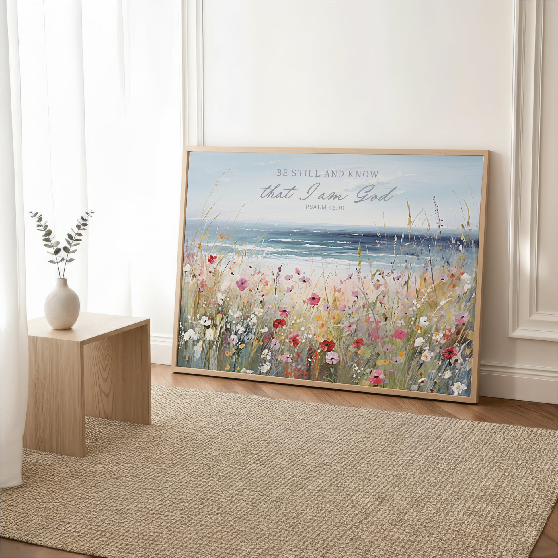 a large framed painting of a field with flowers, placed on a wooden floor next to a window.