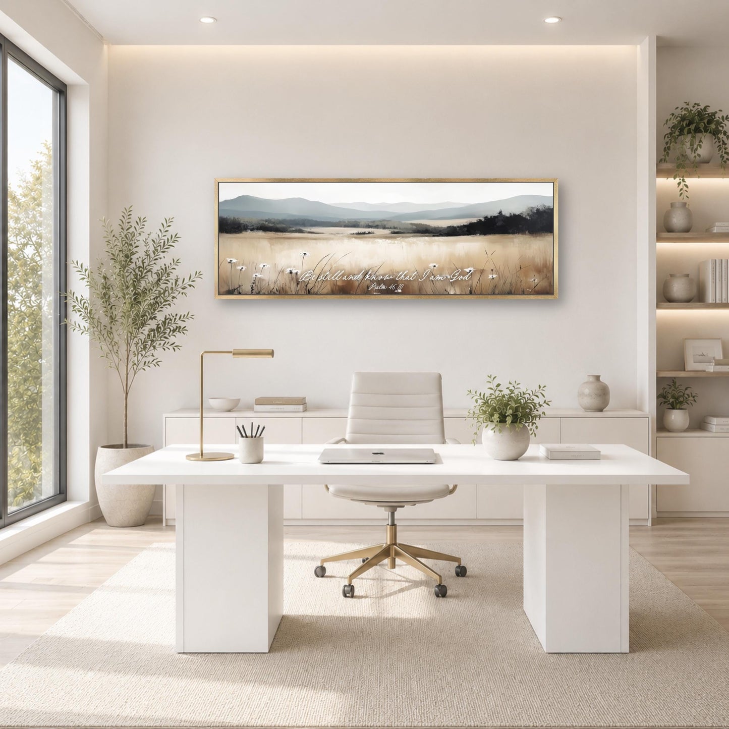 a modern, minimalist office space with a large window, a white desk, a white chair, and a framed landscape painting on the wall.