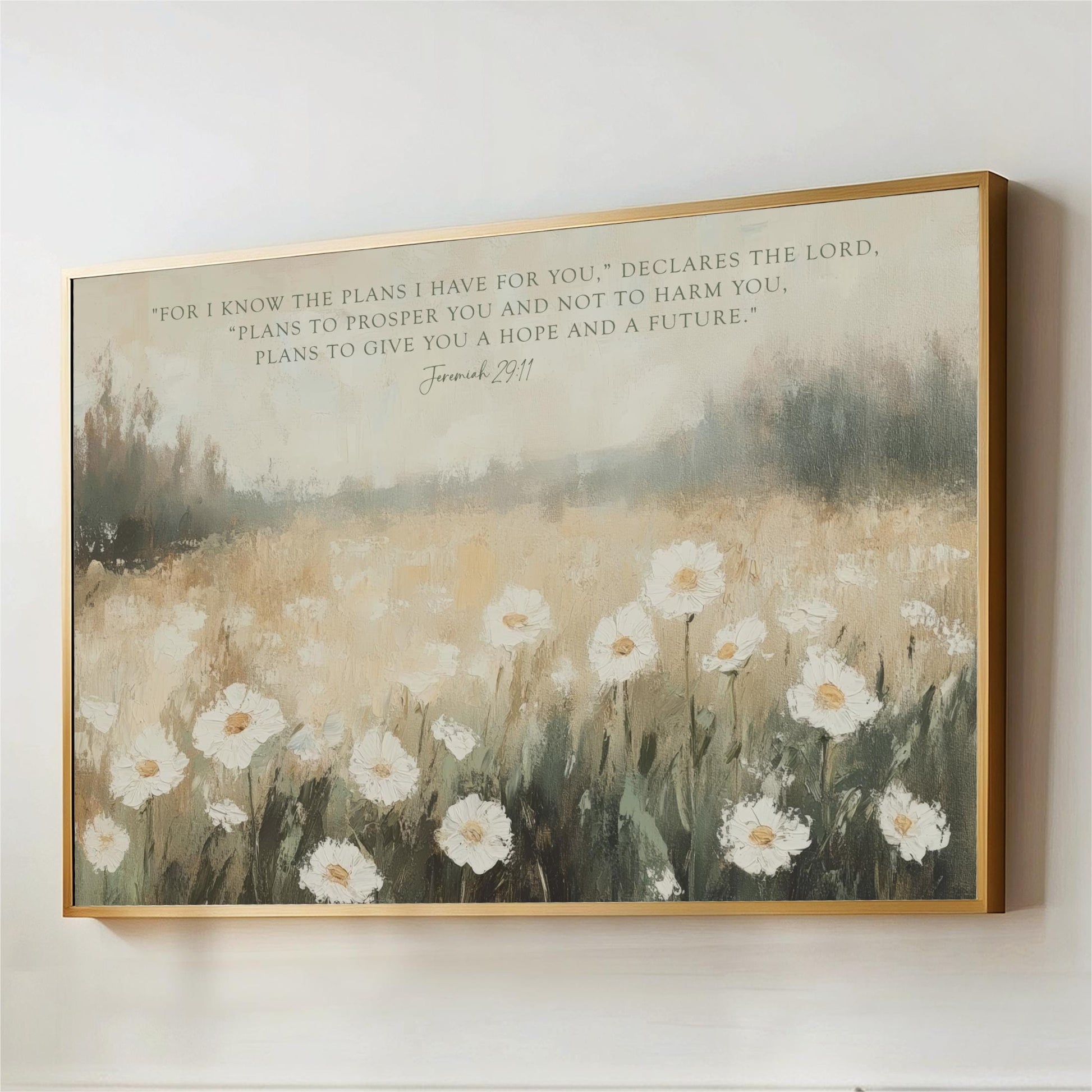 The image is a framed painting depicting a field of white flowers against a blurred background.