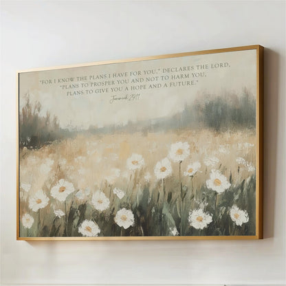 The image is a framed painting depicting a field of white flowers against a blurred background.