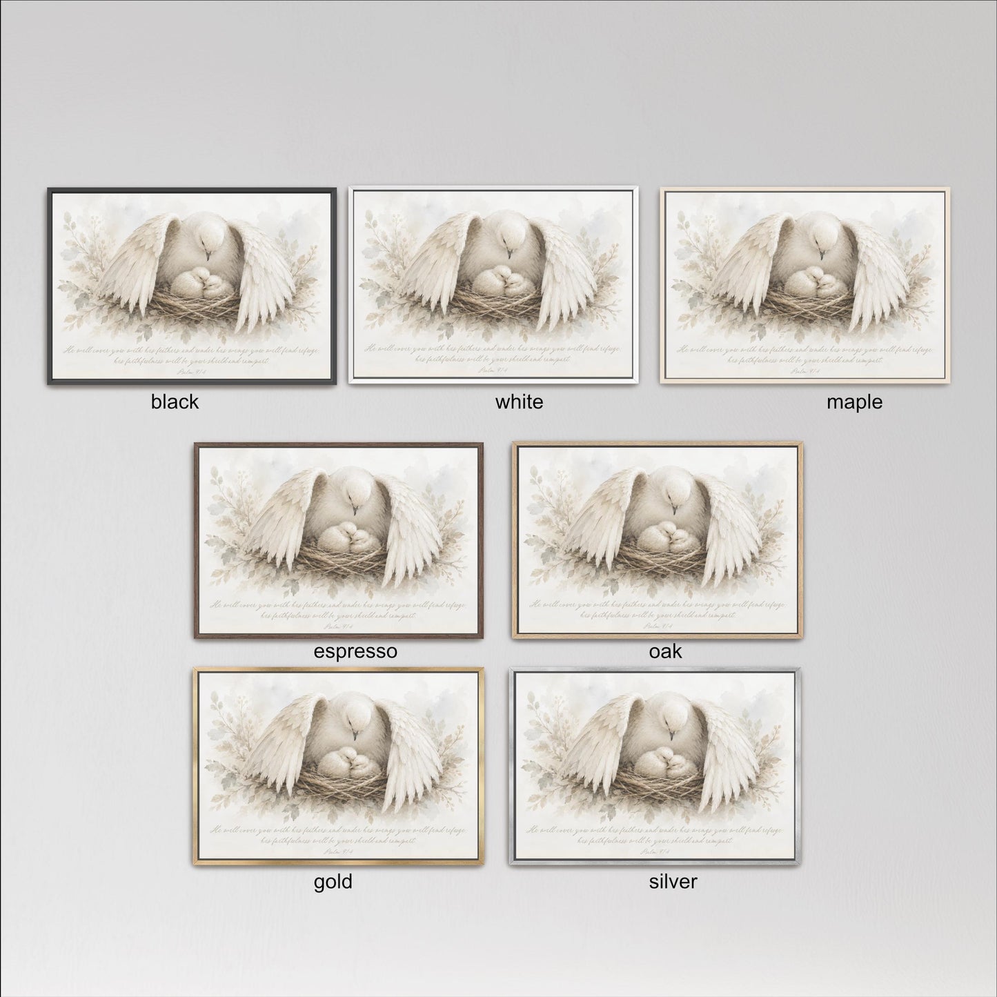 six different framed artworks, each depicting a bird in a nest with its wings spread. The artworks are arranged in a grid format, with three rows and two columns. Each artwork has a different color frame, including black, white, and maple. The artworks are labeled with the color of the frame, such as black, white, and maple.