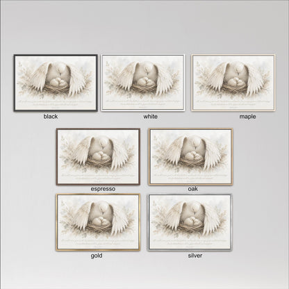 six different framed artworks, each depicting a bird in a nest with its wings spread. The artworks are arranged in a grid format, with three rows and two columns. Each artwork has a different color frame, including black, white, and maple. The artworks are labeled with the color of the frame, such as black, white, and maple.