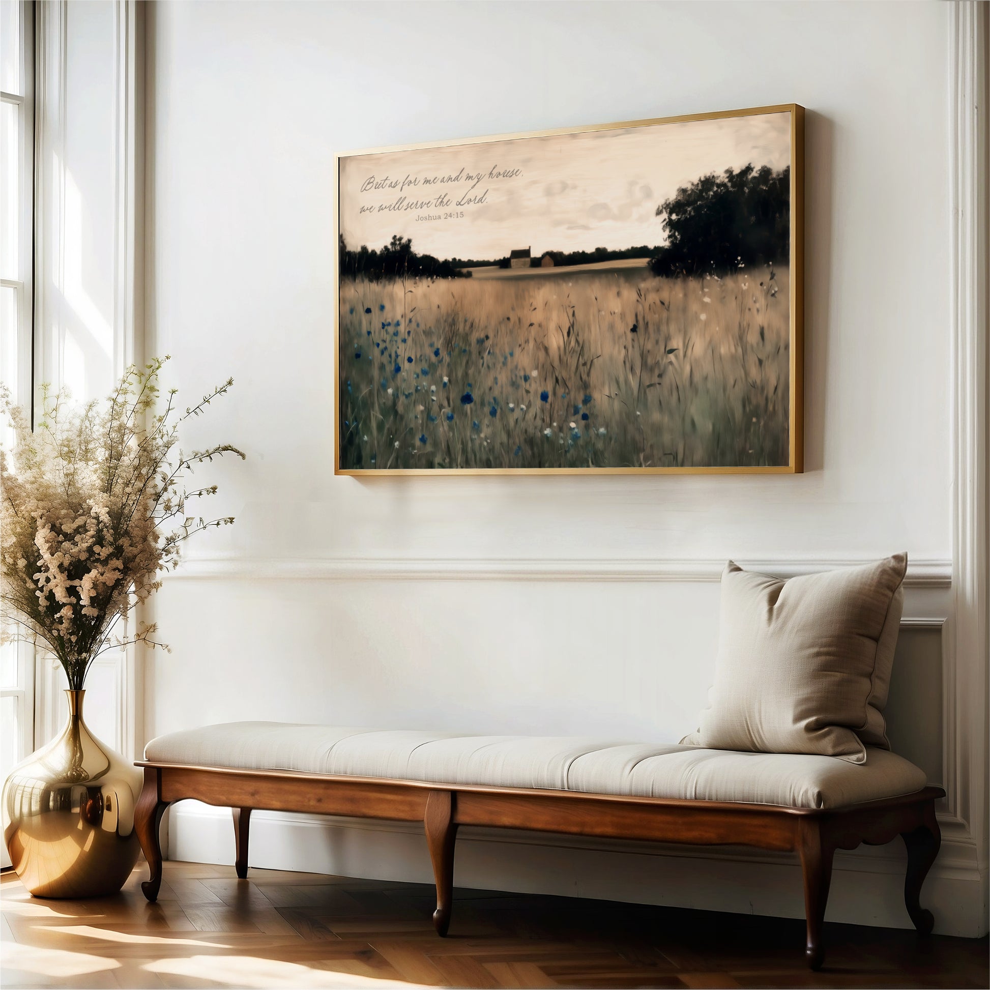 a serene indoor setting with a large painting of a field of flowers hanging on the wall above a wooden bench. The painting is framed in gold and has a text that reads "Butter for us and our house, we will serve the king."