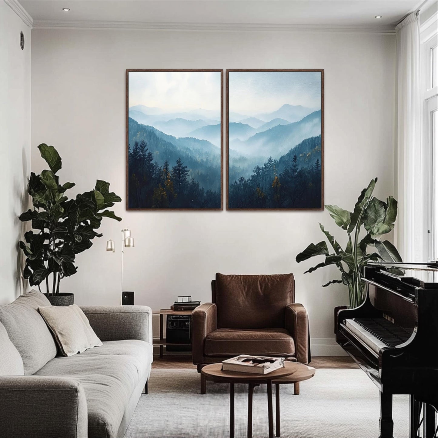a serene living room with a large painting of a forest landscape hanging on the wall above a brown leather armchair and a black piano.