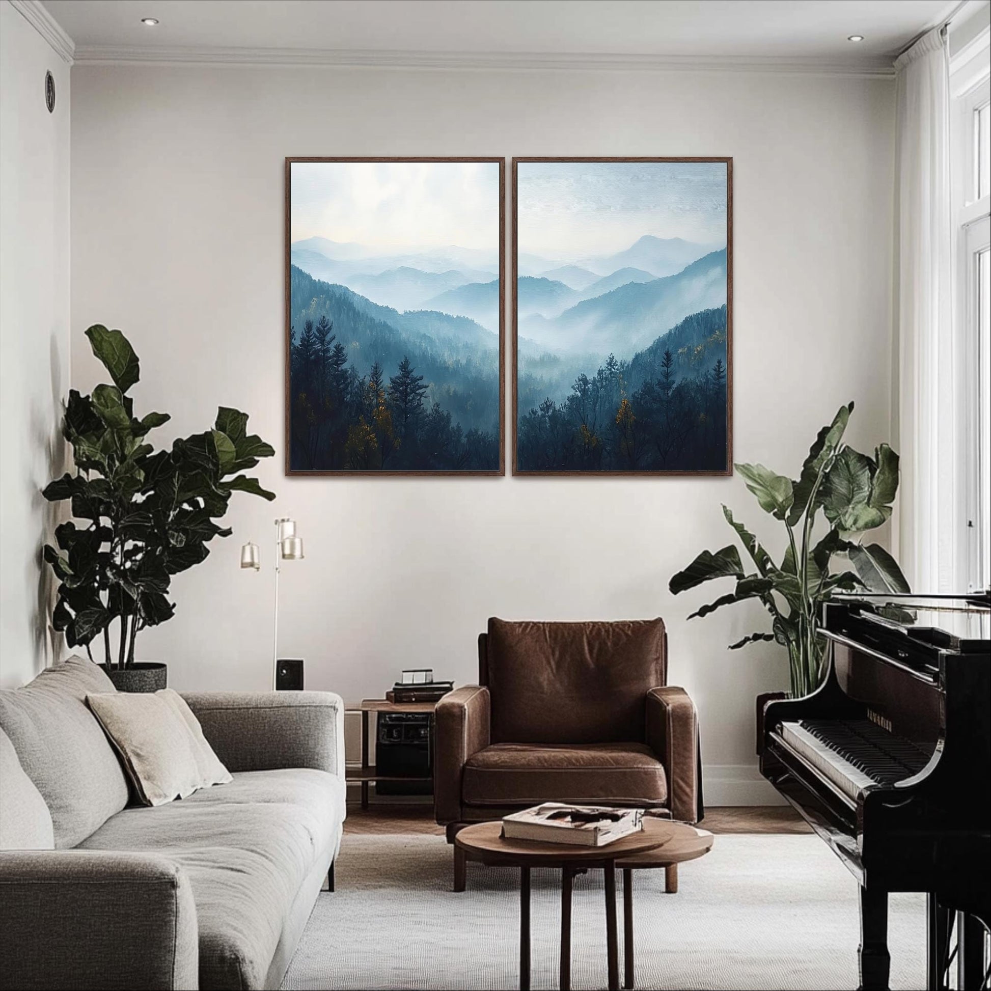 a serene living room with a large painting of a forest landscape hanging on the wall above a brown leather armchair and a black piano.