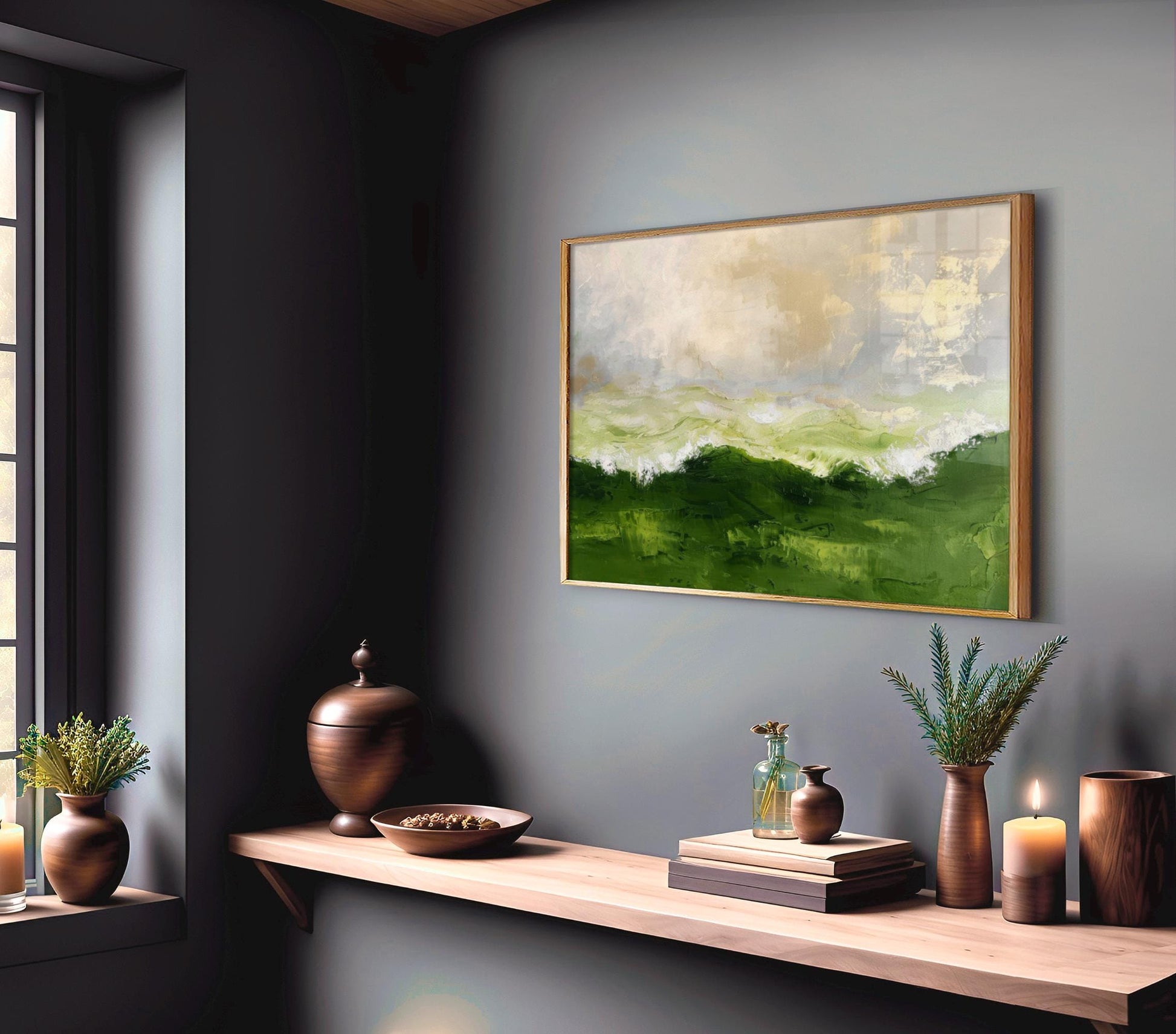 a minimalist interior design with a wooden shelf displaying various decorative items, including a vase, a bowl, and a candle. Above the shelf, there is a framed landscape painting depicting a green field with a cloudy sky.