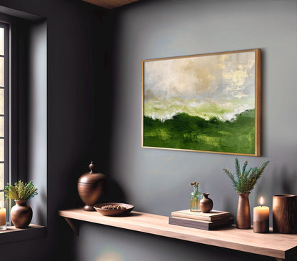 a minimalist interior design with a wooden shelf displaying various decorative items, including a vase, a bowl, and a candle. Above the shelf, there is a framed landscape painting depicting a green field with a cloudy sky.