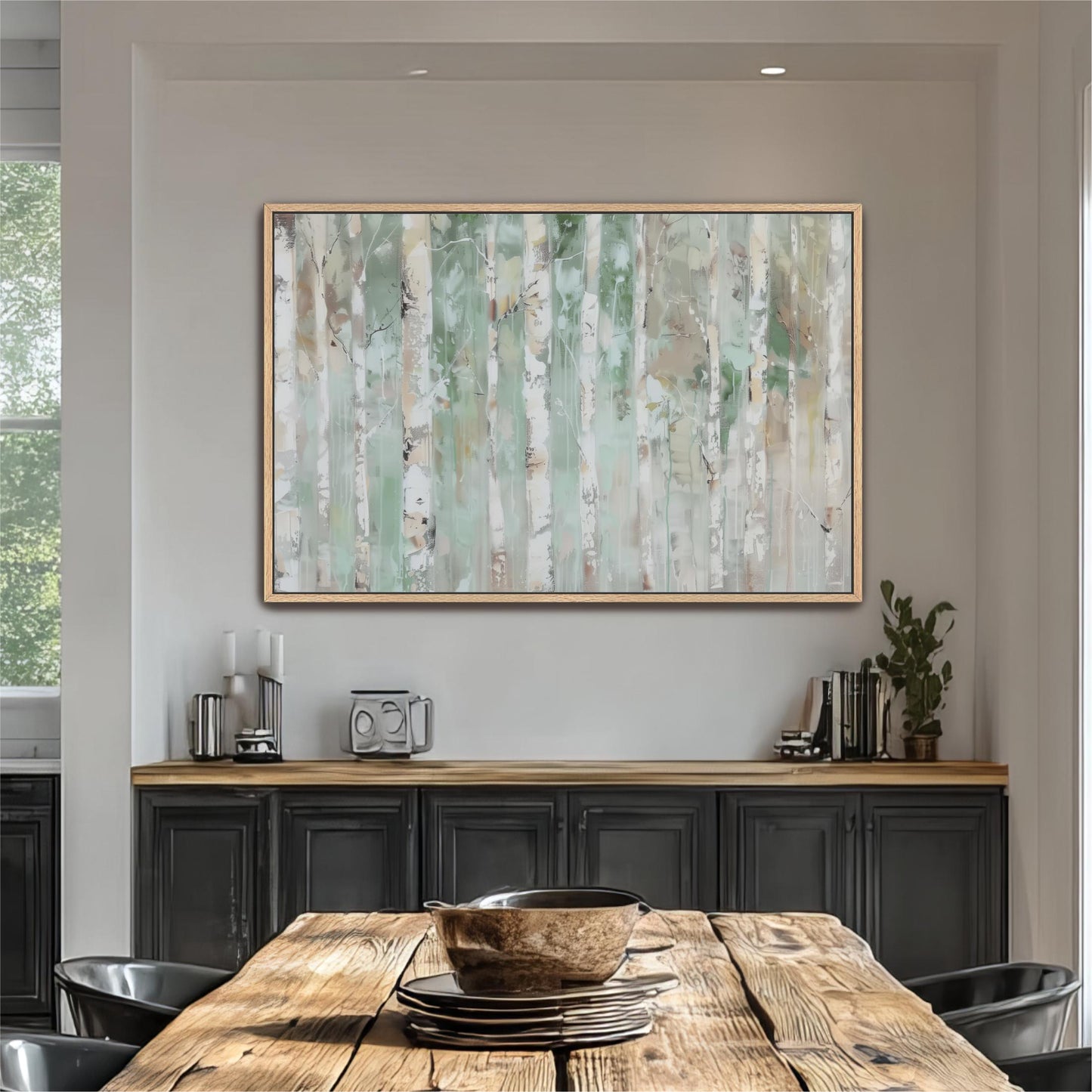 a dining room with a large painting of birch trees hanging on the wall above a wooden table. The table is set with plates and bowls, and there are several potted plants and decorative items on the table.