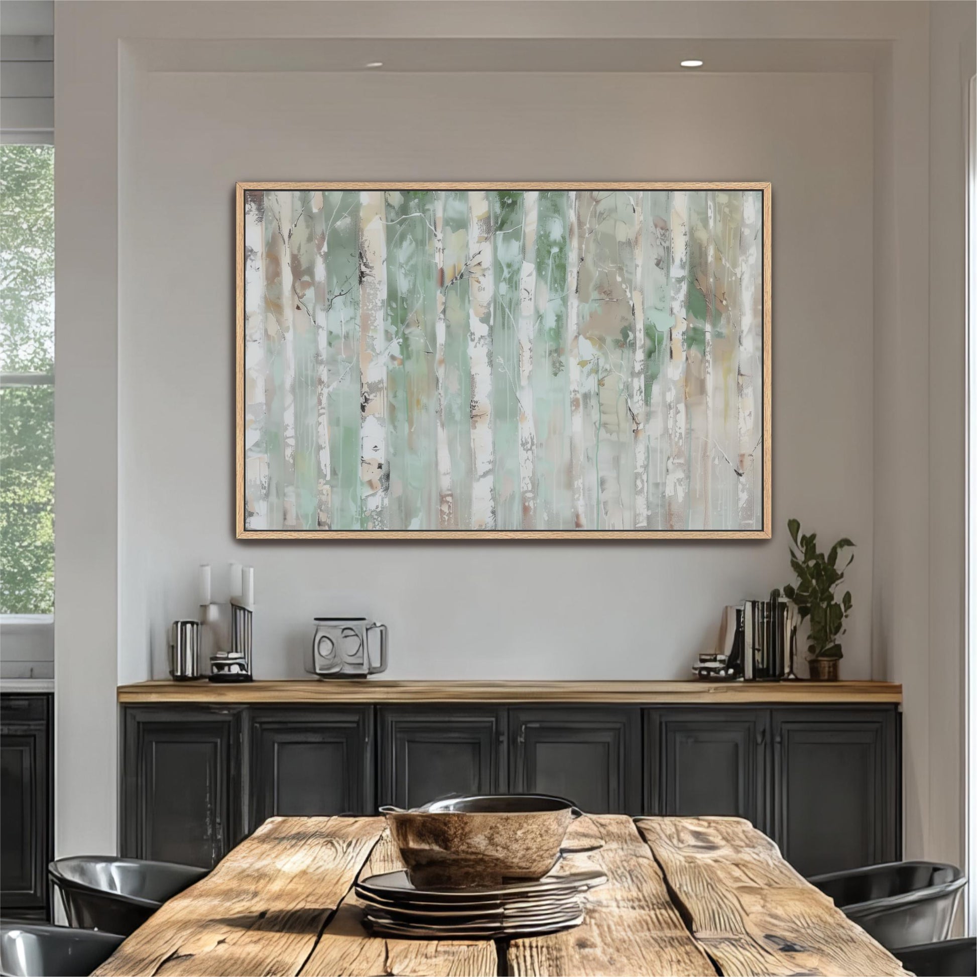 a dining room with a large painting of birch trees hanging on the wall above a wooden table. The table is set with plates and bowls, and there are several potted plants and decorative items on the table.
