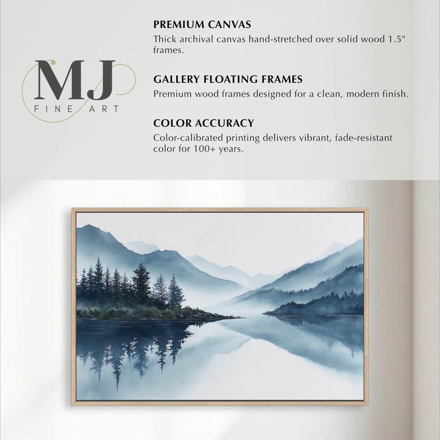 The image is a framed artwork depicting a serene landscape with a lake and mountains in the background. The artwork is a painting, and it is described as a "Premium Canvas" and a "Gallery Floating Frames" by MJ Fine Art.