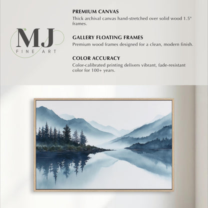 The image is a framed artwork depicting a serene landscape with a lake and mountains in the background. The artwork is a painting, and it is described as a "Premium Canvas" and a "Gallery Floating Frames" by MJ Fine Art.