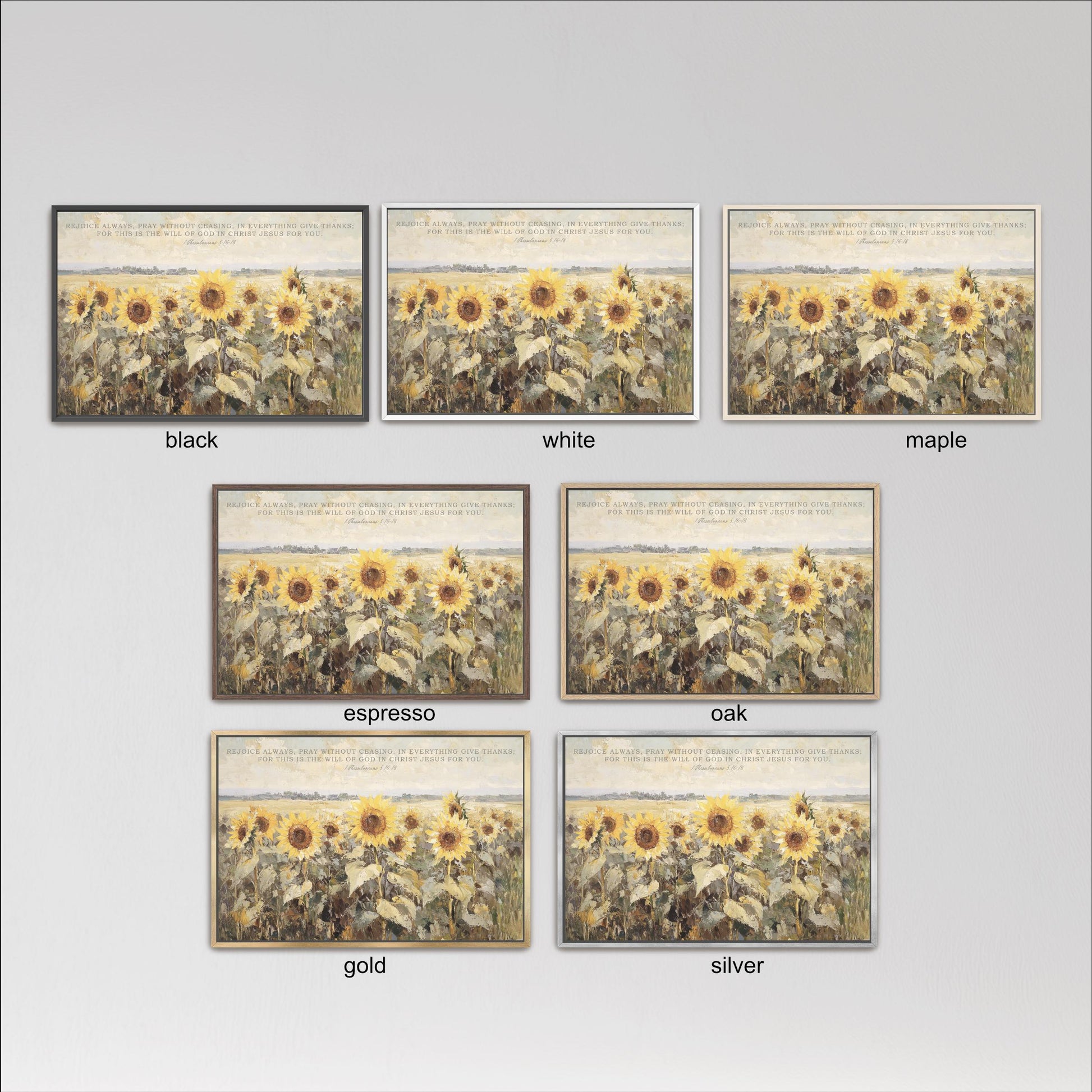 six framed pictures of sunflowers, each with a different color frame. The frames are labeled with the color of the frame, such as black, white, maple, espresso, oak, gold, and silver.