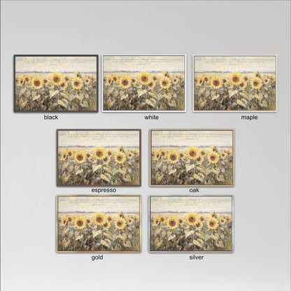 six framed pictures of sunflowers, each with a different color frame. The frames are labeled with the color of the frame, such as black, white, maple, espresso, oak, gold, and silver.