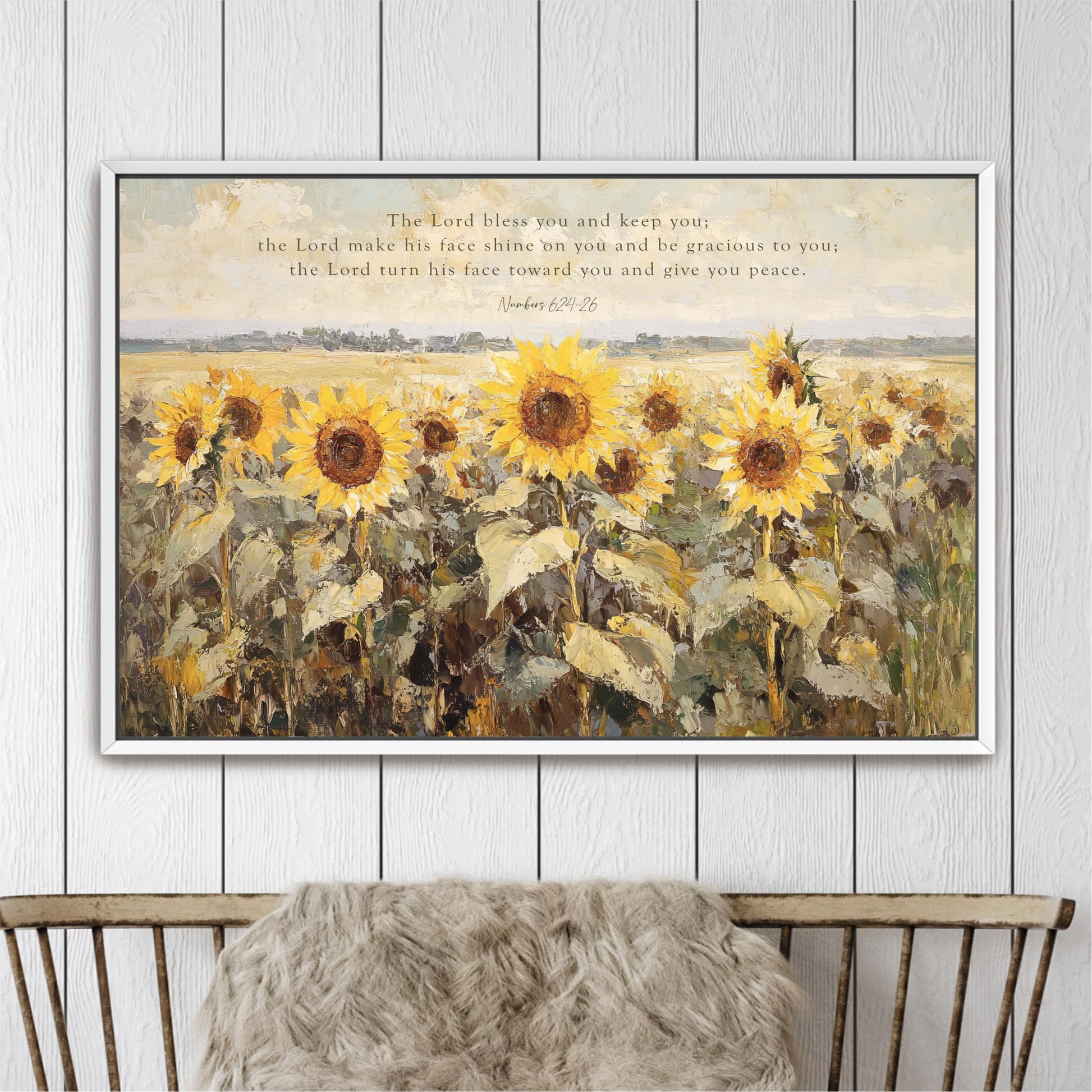 The image is a framed painting depicting a field of vibrant yellow sunflowers.