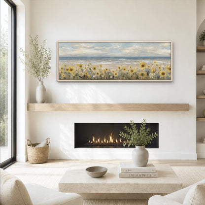 a cozy living room with a fireplace, a coffee table, and a painting of a field of flowers hanging on the wall above it.