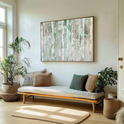 a cozy living room with a large painting of vertical lines hanging on the wall above a beige sofa with throw pillows. The room is decorated with potted plants, a rug, and a large window, creating a warm and inviting atmosphere.
