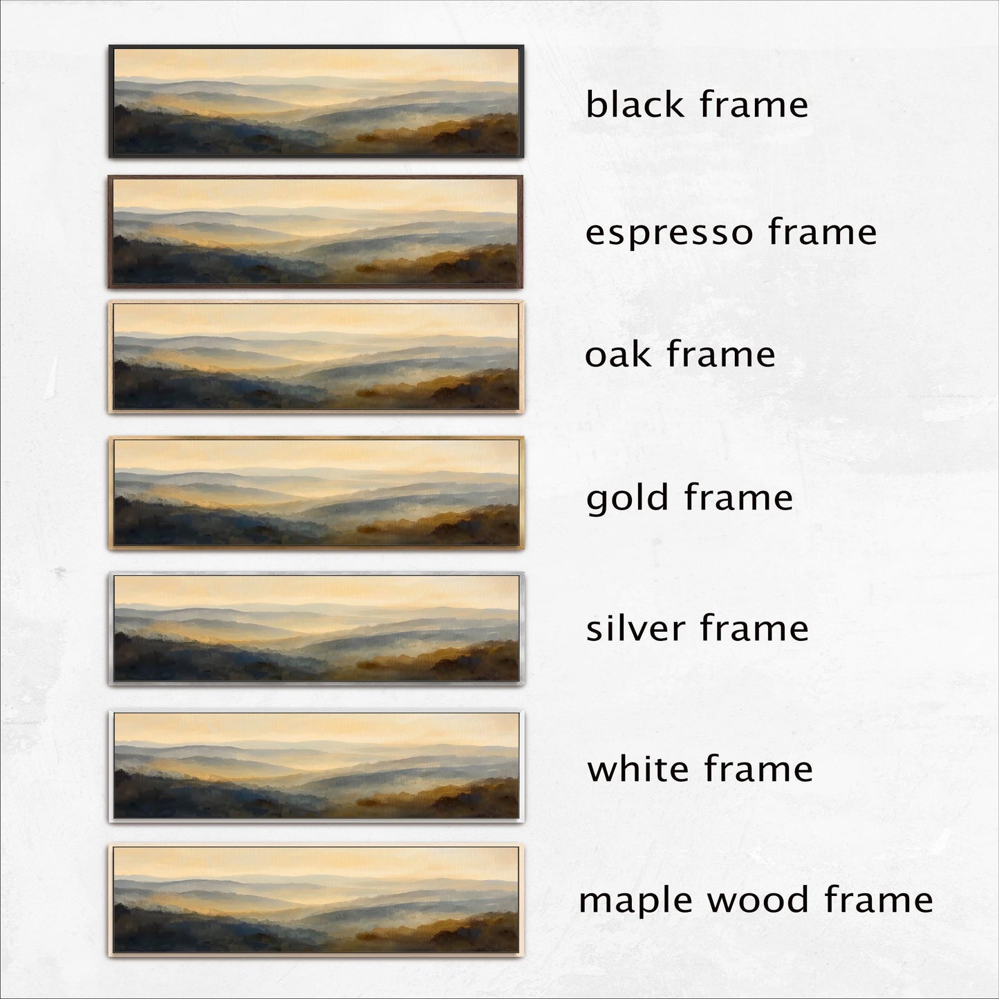 six different frames of a landscape painting, each with a different frame color and style. The frames are labeled as black, espresso, oak, gold, silver, and white, with the maple wood frame being the only one that is described as a collage of multiple images.