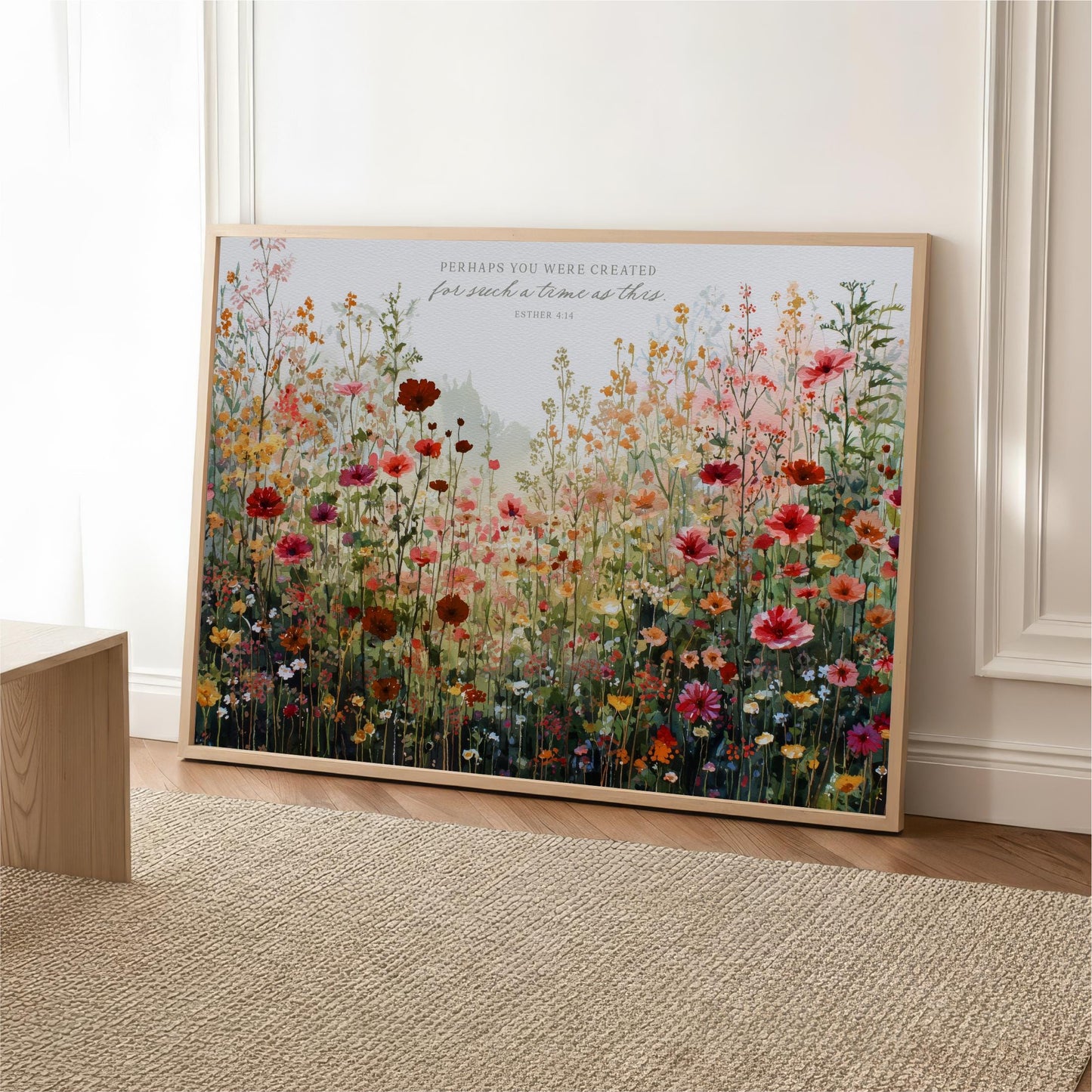 The image is a framed print of a vibrant, colorful field of flowers, with a quote about the beauty of nature.