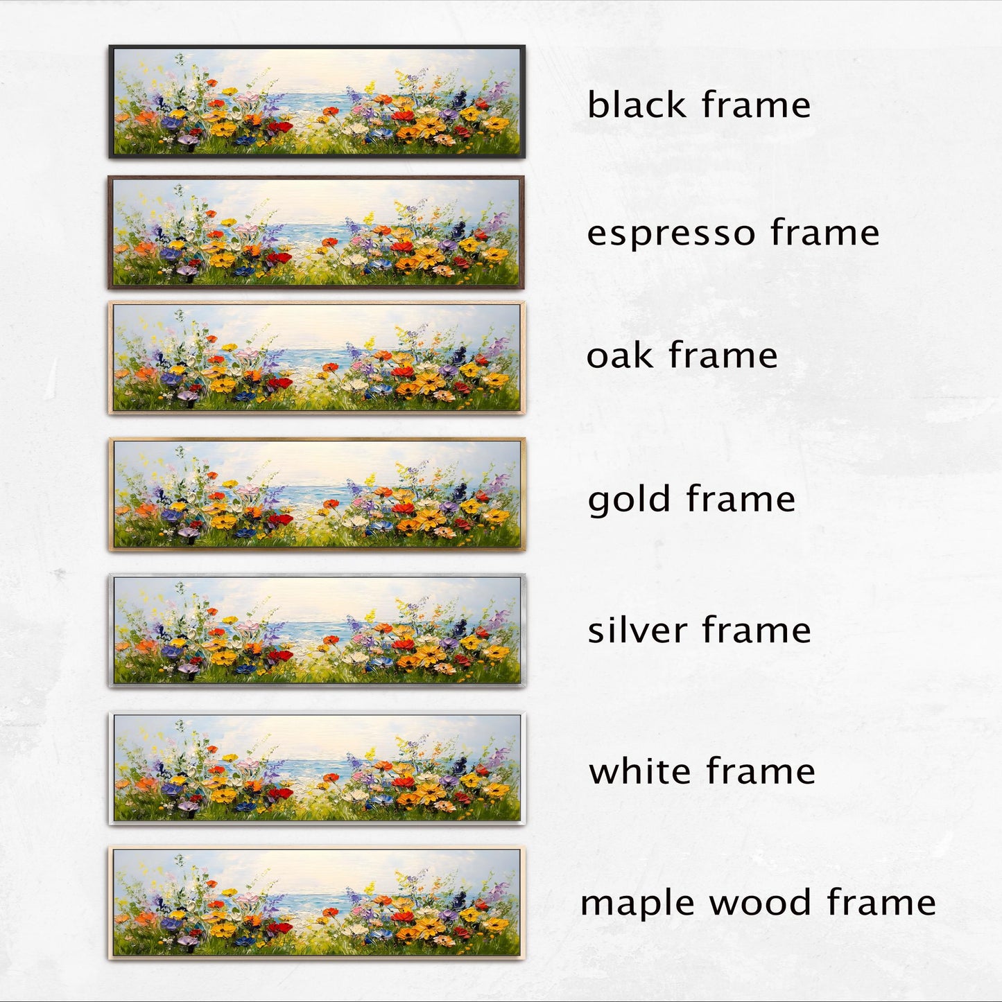 a series of six framed pictures, each with a different frame color and style. The frames are black, espresso, oak, gold, silver, and white, as well as a maple wood frame. The images depict various scenes, including a field of flowers, a serene landscape, and a peaceful atmosphere.