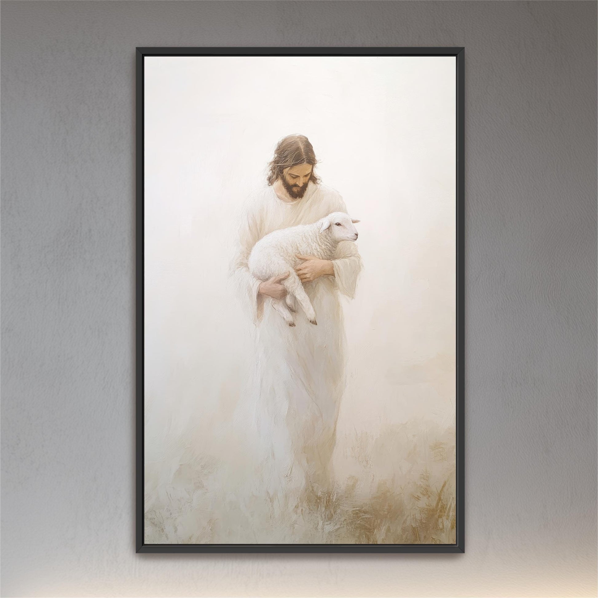 A framed painting depicting a man in a white robe holding a lamb, standing in a field with a misty background.