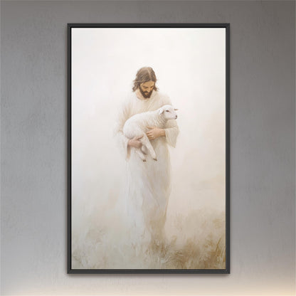 A framed painting depicting a man in a white robe holding a lamb, standing in a field with a misty background.