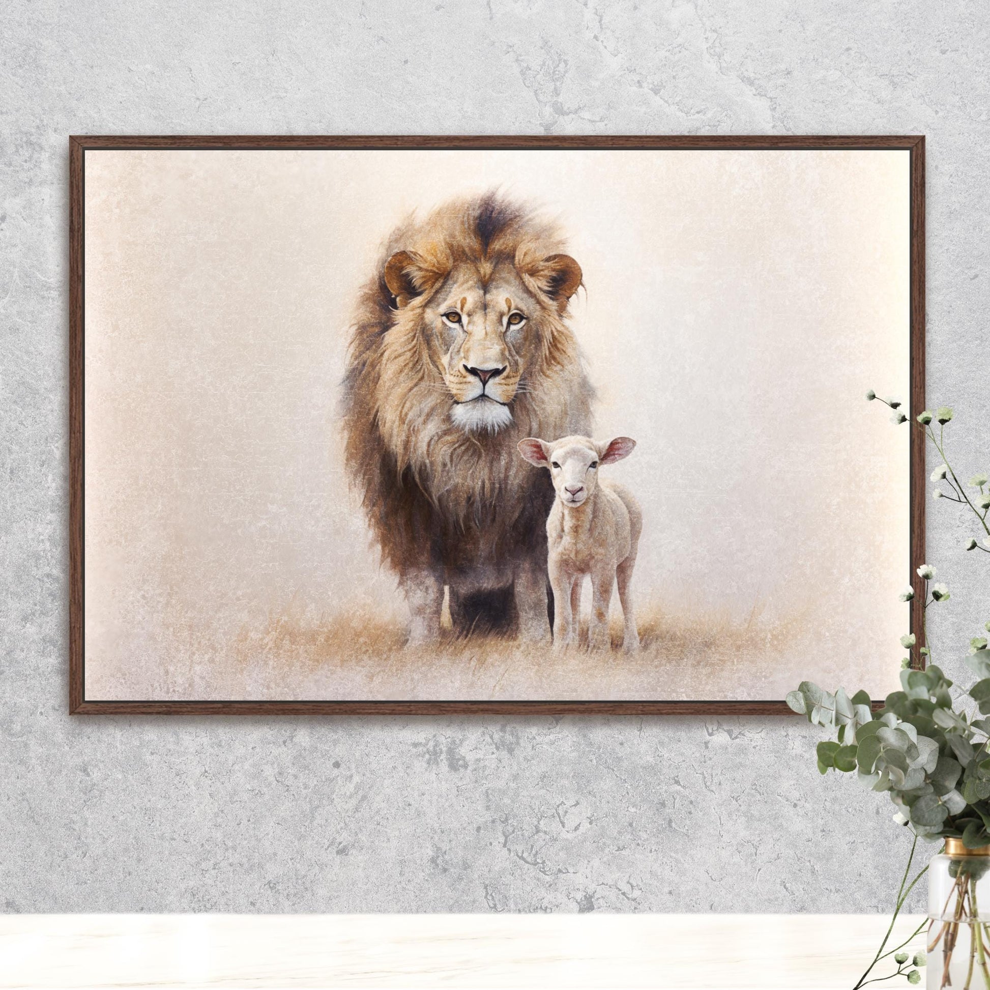A framed painting depicting a lion and a lamb standing together in a natural setting.