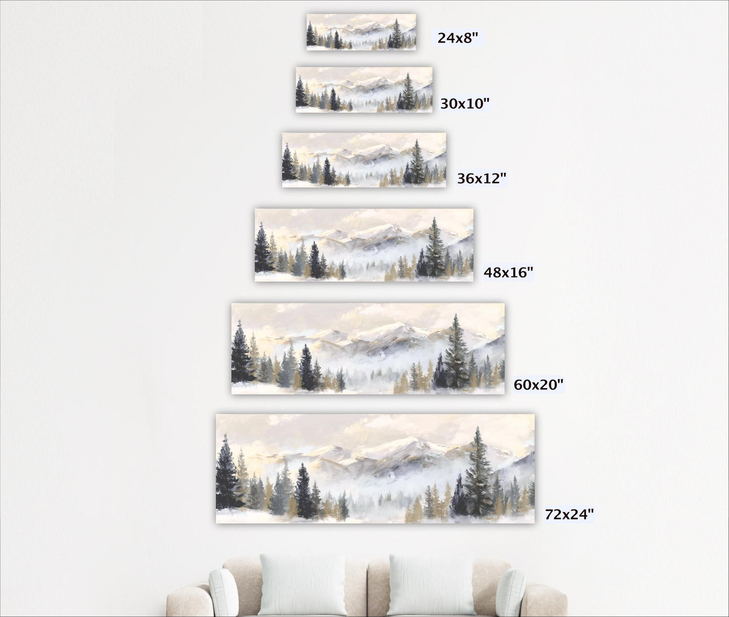 A series of landscape paintings depicting snowy mountains and pine trees, each with a different size ranging from 24" to 72" wide.