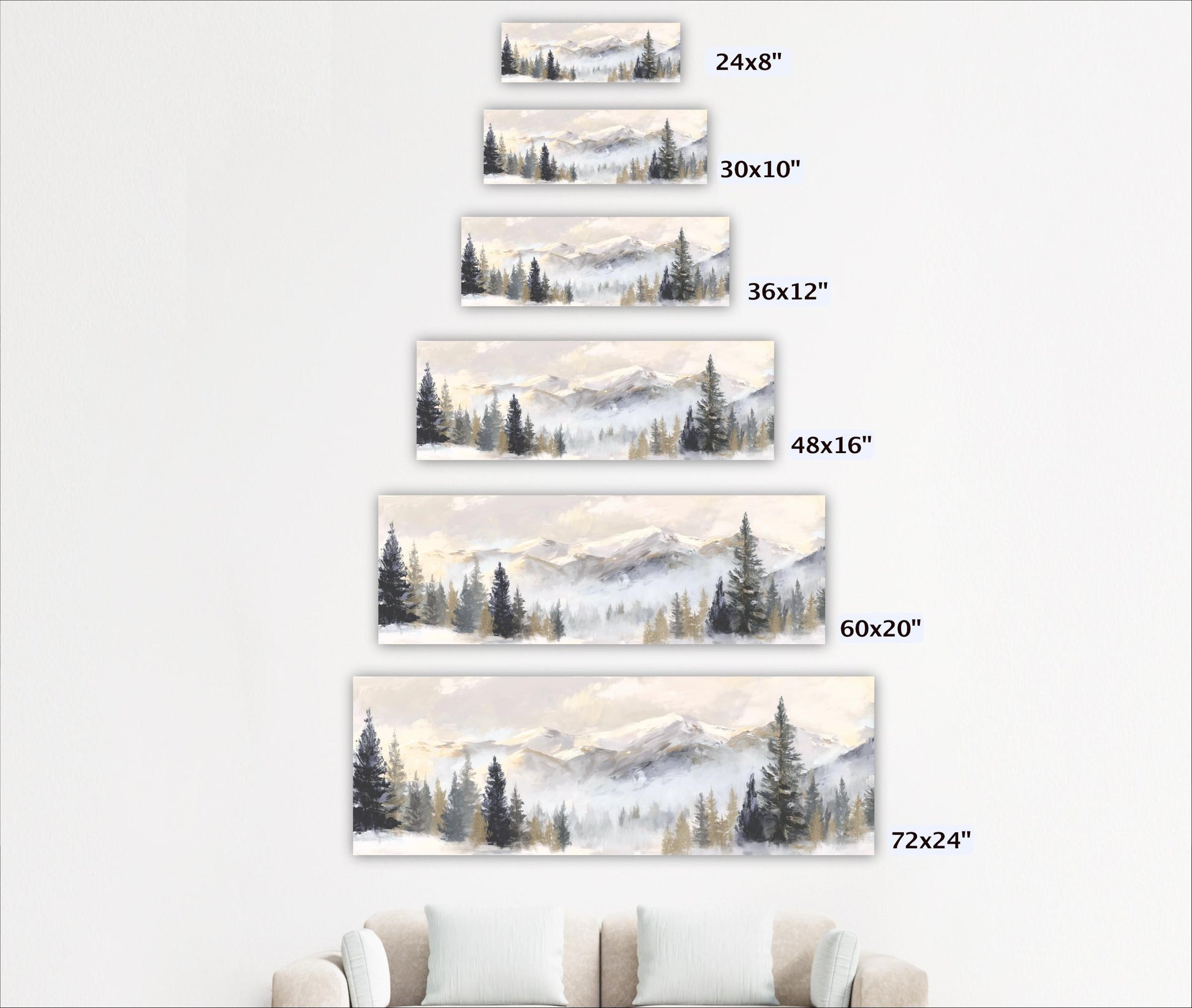 A series of landscape paintings depicting snowy mountains and pine trees, each with a different size ranging from 24" to 72" wide.